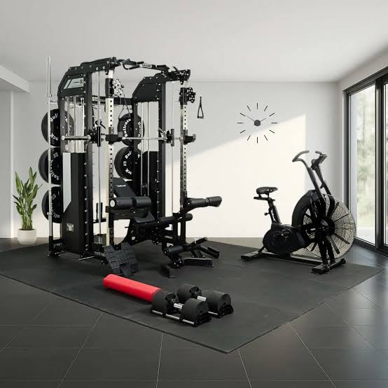 Professional multi-station gym setup with cable machine, air bike and free weights